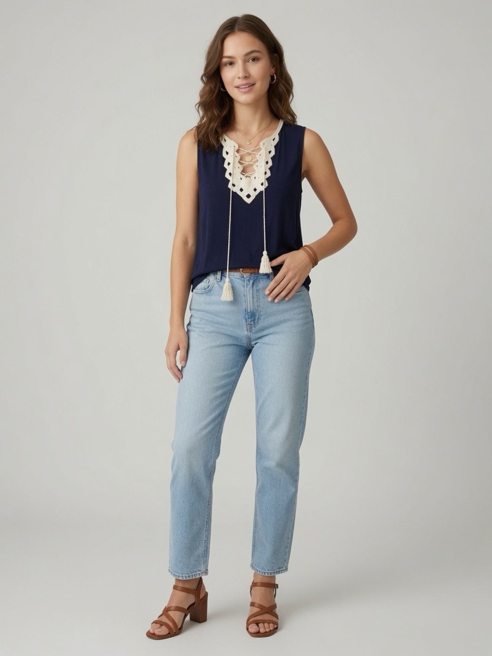 Max Studio Navy Blue Macrame Lace Up Tassel Sleeveless Tank Top Size XS Cropped